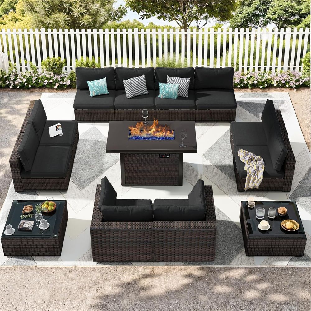 Outdoor Furniture With Fire Pit Table - 13-Piece Outdoor Sectional Patio Furniture Set