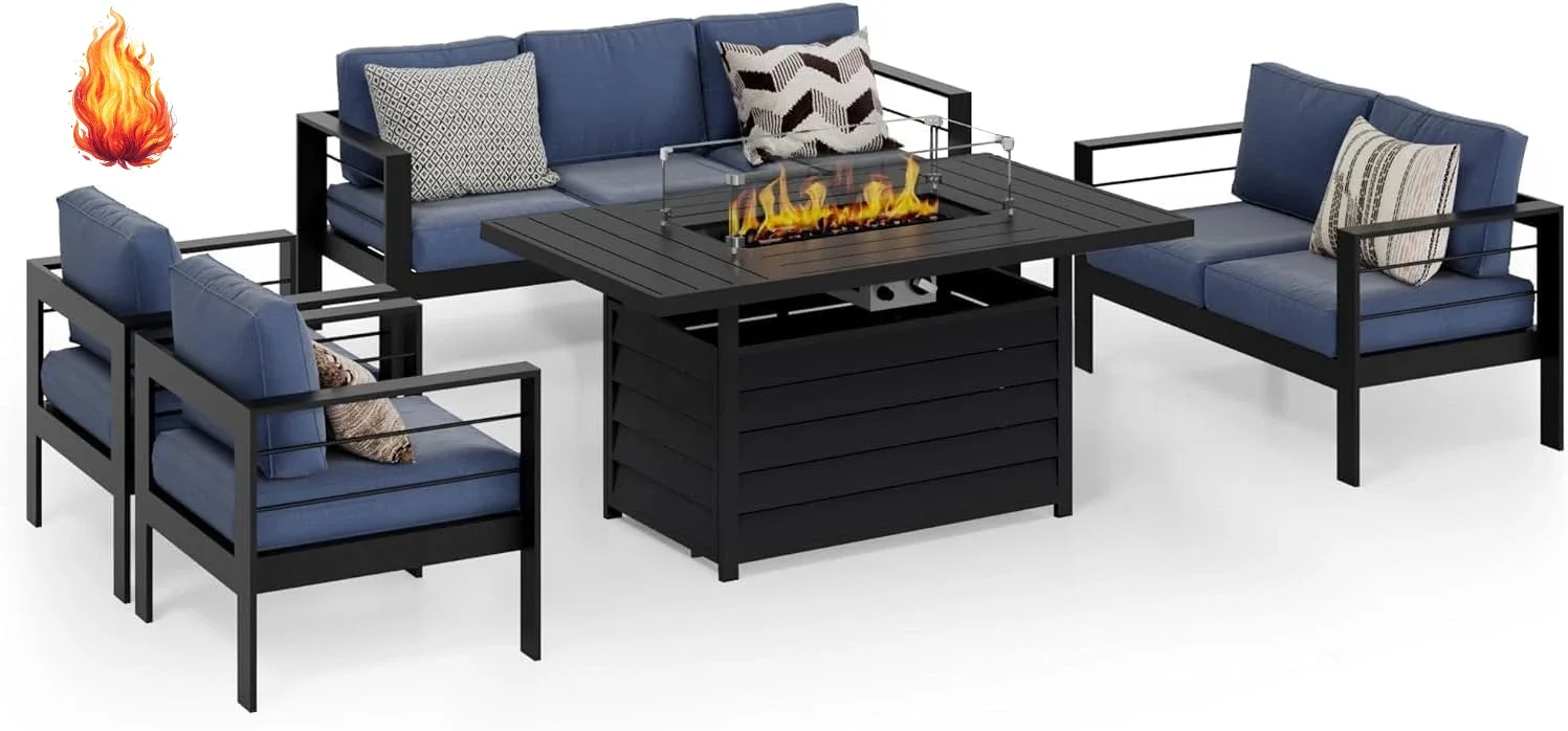 Outdoor Furniture With Fire Pit Table - Aluminum Patio Furniture Set, 7 Seats