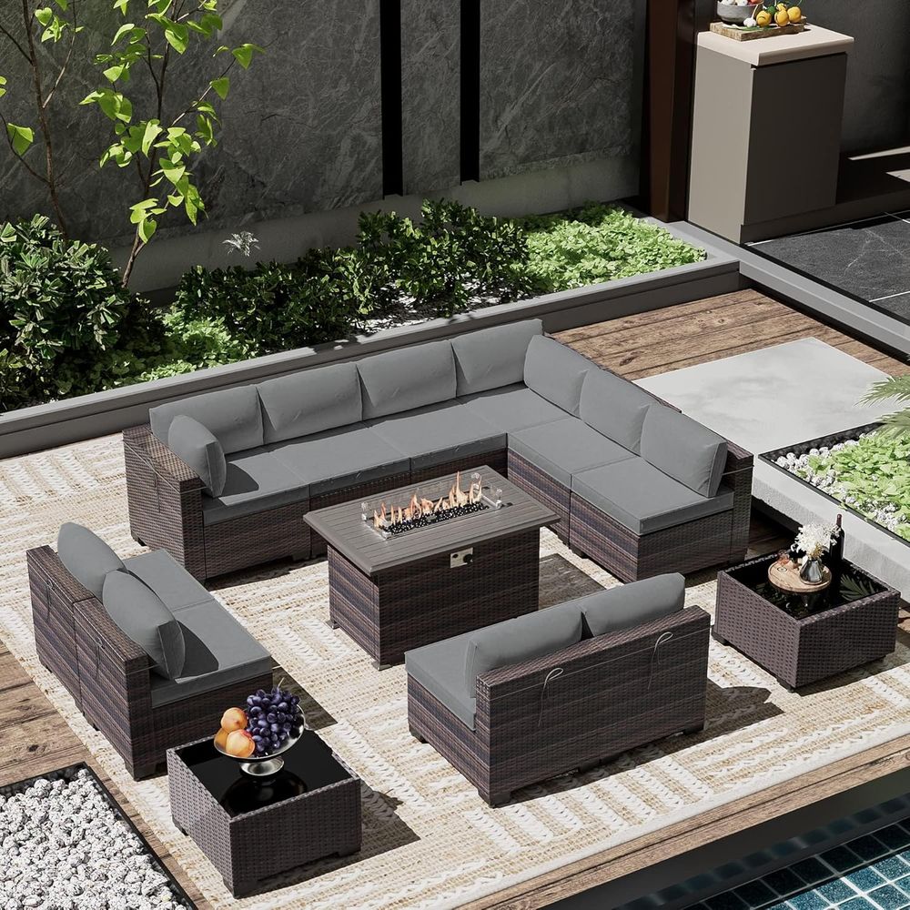 Outdoor Furniture With Fire Pit Table - 13-Piece Outdoor Sectional Patio Furniture Set
