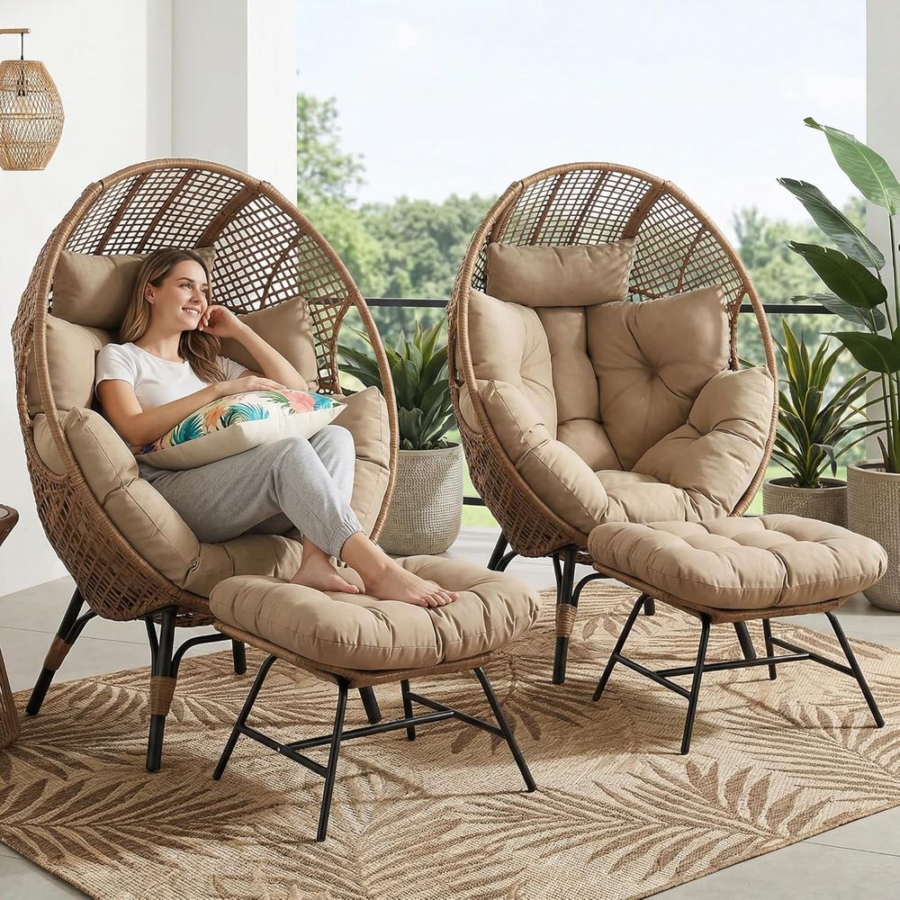 Outdoor Furniture Egg Chair - Pair of Egg Chairs with Ottoman,