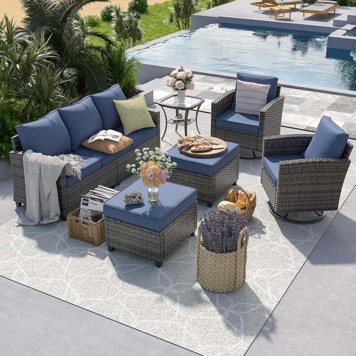 Outdoor Furniture With Fire Pit Table - 6pc Gray PE Rattan Sectional Sofa
