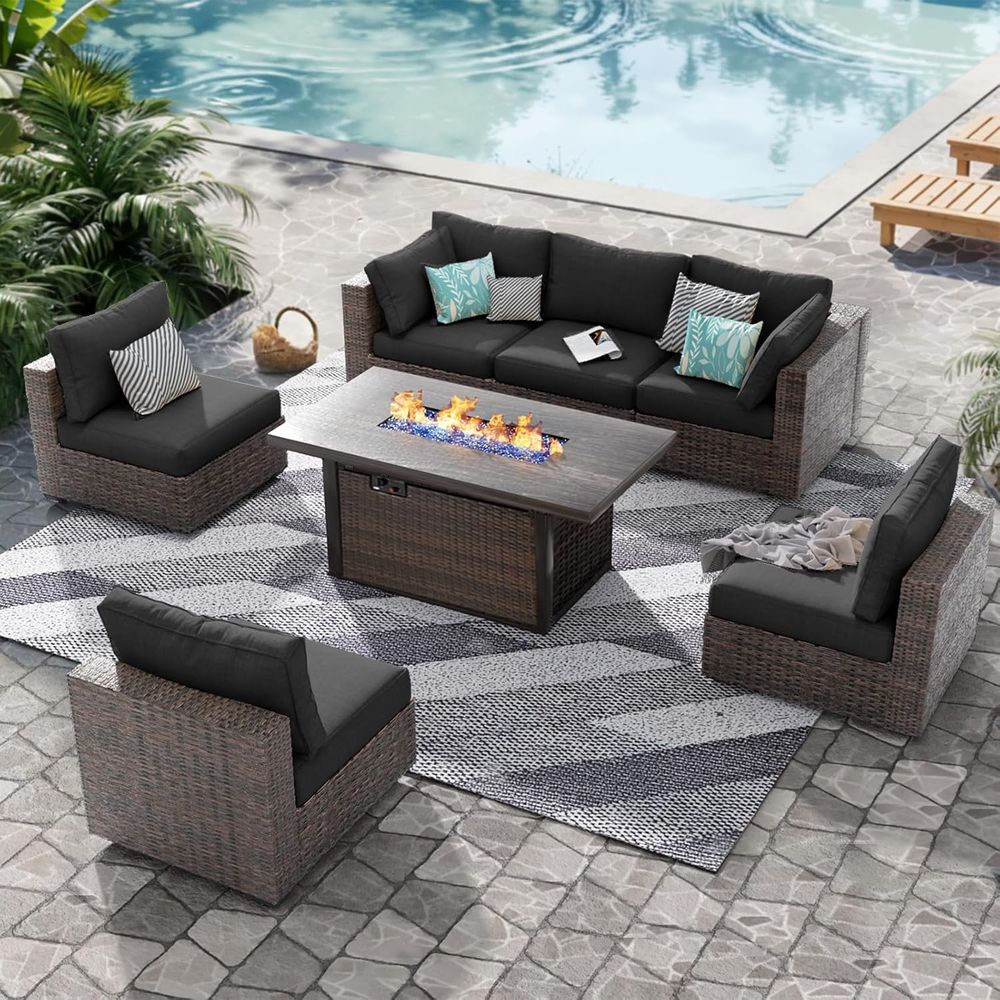 Outdoor Furniture With Fire Pit Table - 7-Piece Outdoor Wicker Sectional Patio Furniture