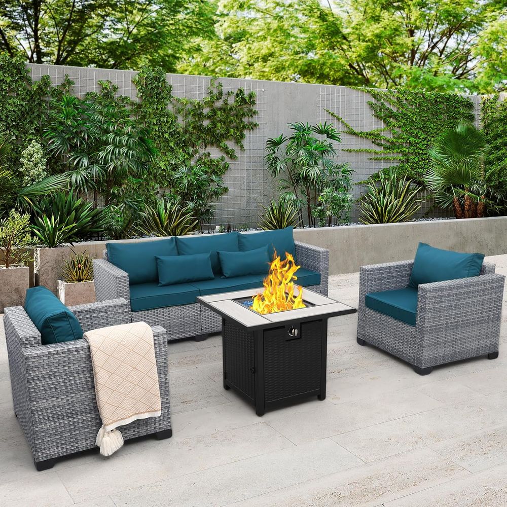 Outdoor Furniture With Fire Pit Table - 4-Piece Outdoor Wicker Patio Furniture Set