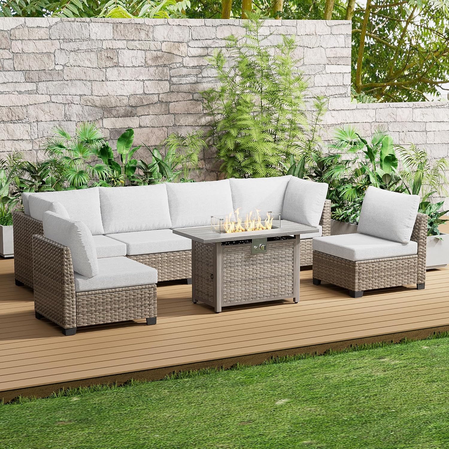 7 Piece Outdoor Sectional Sofa - Outdoor Furniture With Fire Pit Table avaliação e preço