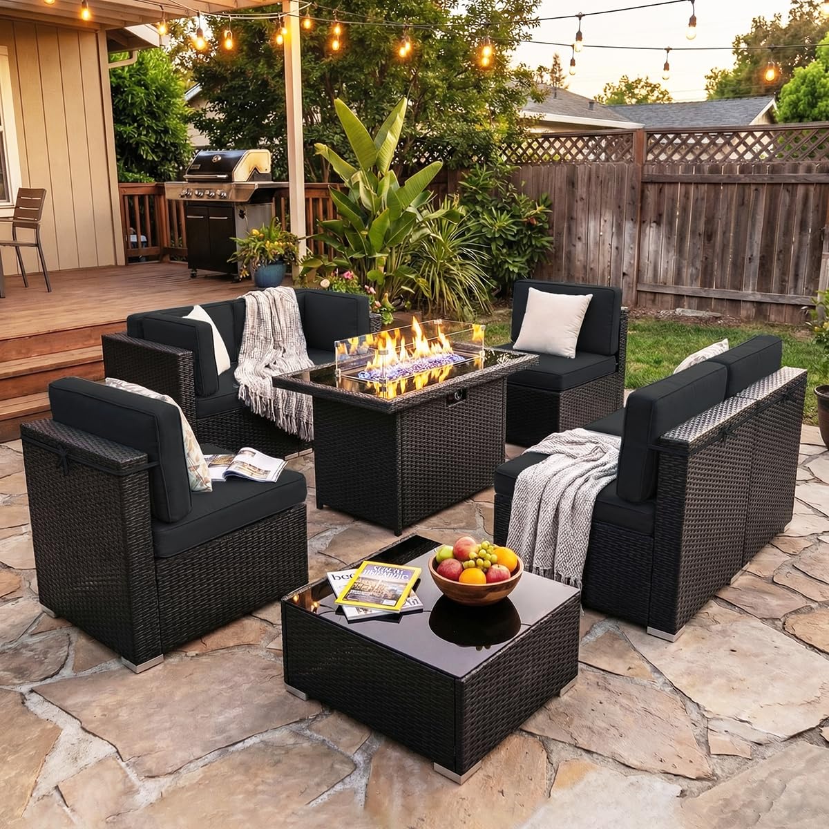 8 Pieces Patio Furniture Set w - Outdoor Furniture With Fire Pit Table avaliação e preço
