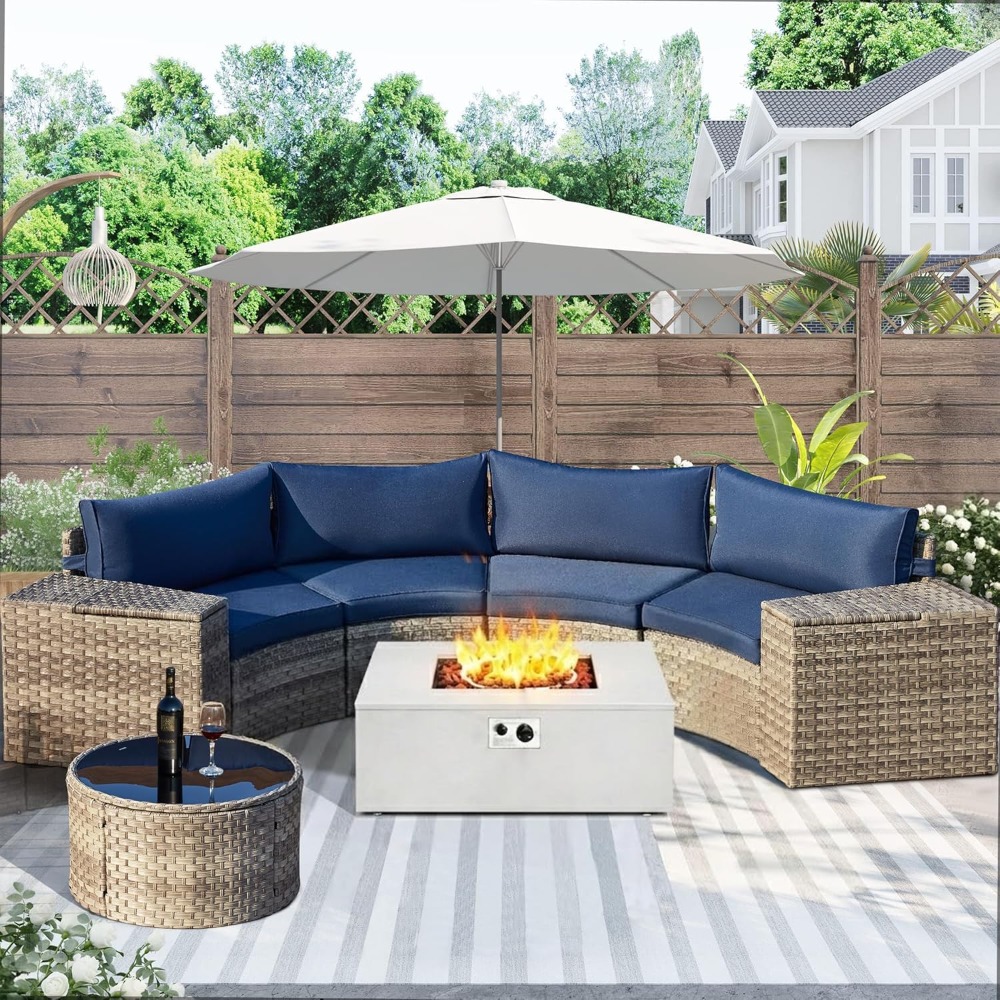 8-Piece Half-Moon Curved Patio - Outdoor Furniture With Fire Pit Table avaliação e preço