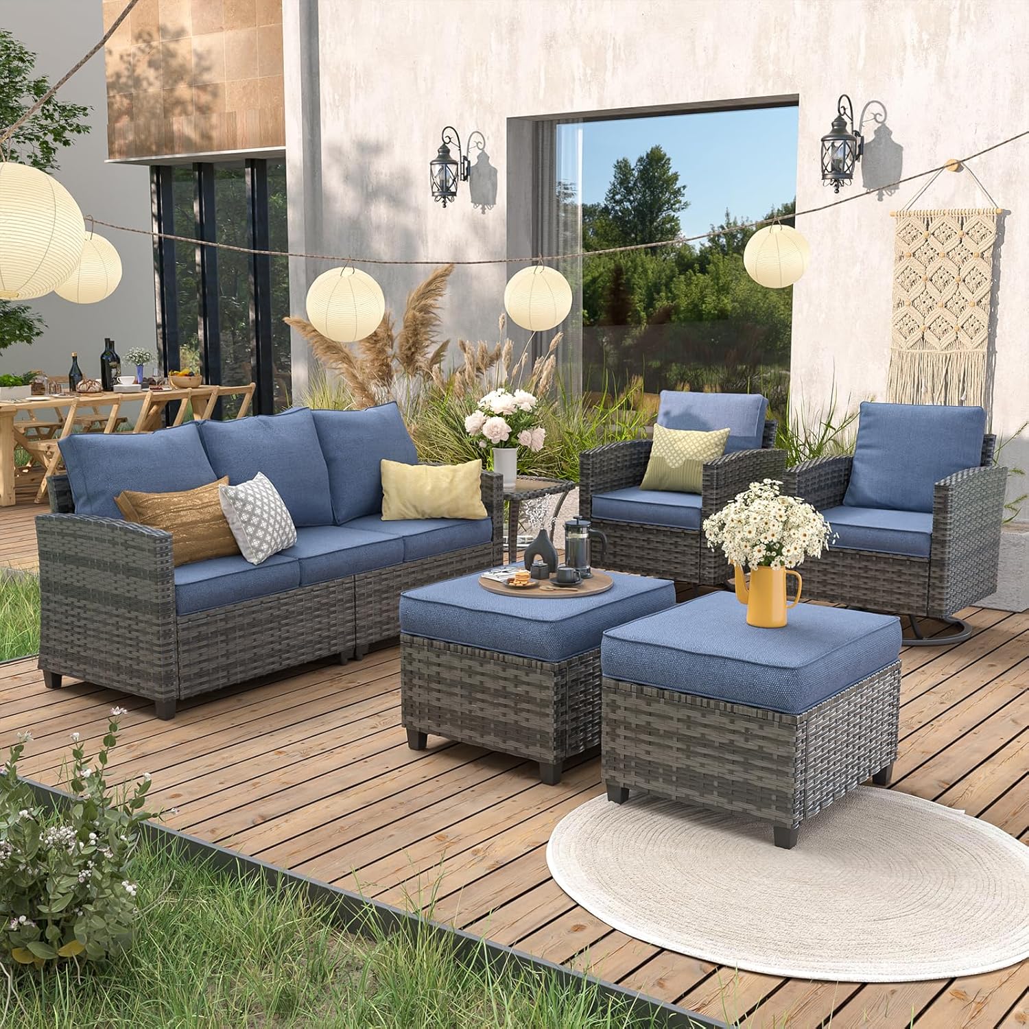 6pc Gray PE Rattan Sectional S - Outdoor Furniture With Fire Pit Table avaliação e preço