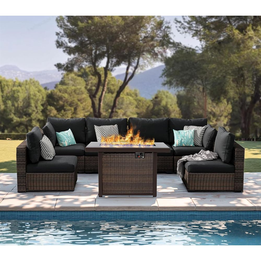 7-Piece Outdoor Wicker Section - Outdoor Furniture With Fire Pit Table avaliação e preço