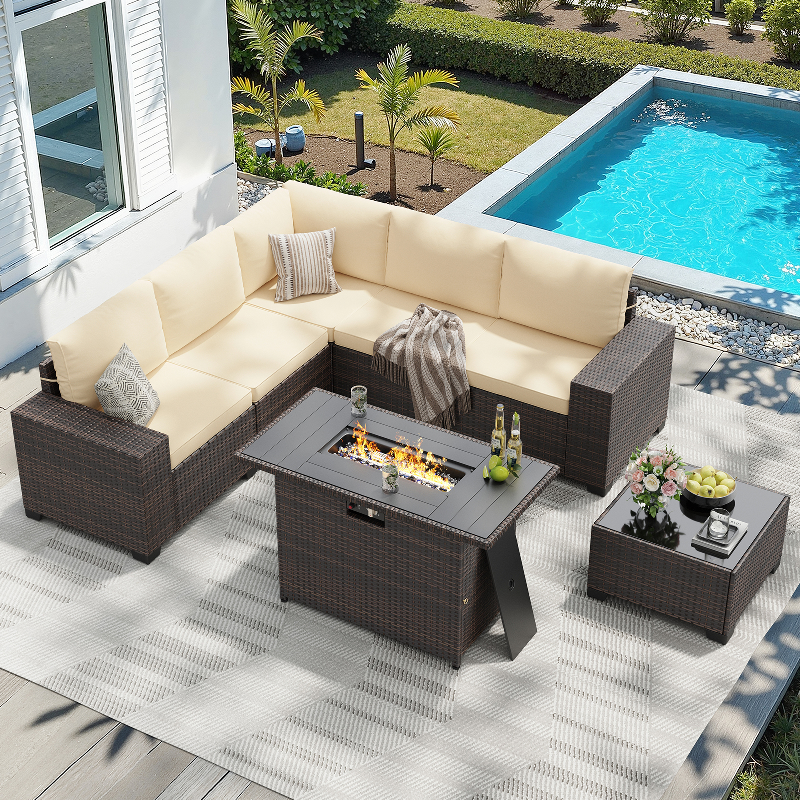 7 Piece Patio Furniture Set wi - Outdoor Furniture With Fire Pit Table avaliação e preço